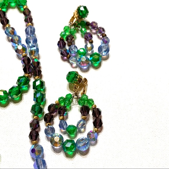 Vintage  Necklace & Earring Set Crystal Beads Green Blue Purple - Picture 6 of 8